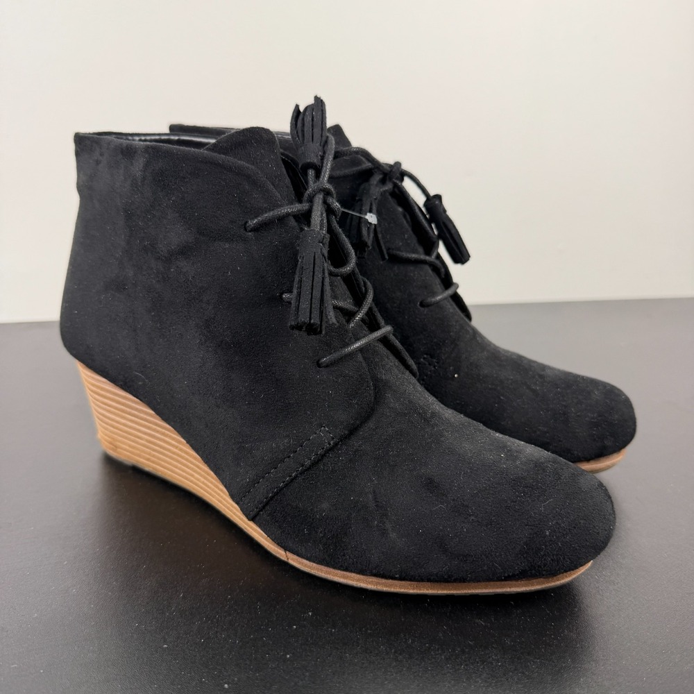 Dr. Scholl's Dakota Ankle Bootie Womens 8.5M Black Suede Wedge Heel Lace-Up Cozy